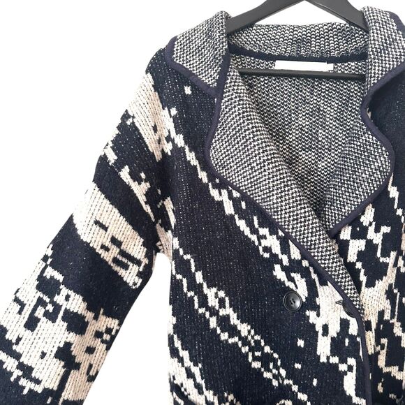 ONE GREY DAY Patterned Wool Blend Long Cardigan Navy/White Small - Picture 4 of 5